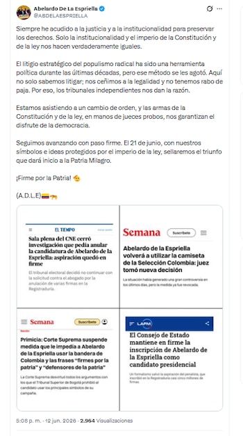El candidato Abelardo de la Espriella se refirió a múltiples acciones legales adelantadas en su contra que finalmente no surtieron efecto - crédito @ABDELAESPRIELLA/X
