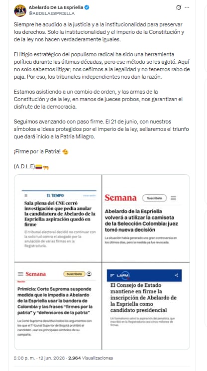 El candidato Abelardo de la Espriella se refirió a múltiples acciones legales adelantadas en su contra que finalmente no surtieron efecto - crédito @ABDELAESPRIELLA/X