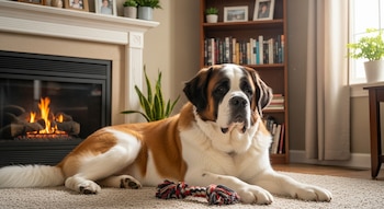 Un perro San Bernardo tricolor, marrón, blanco y negro, está tumbado sobre una alfombra clara delante de una chimenea encendida en una sala.