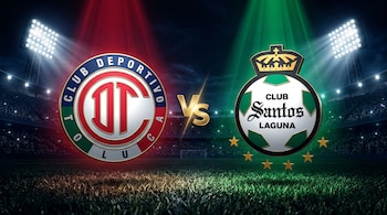 Escudos de Toluca a la izquierda y Santos Laguna a la derecha con un símbolo VS dorado al centro sobre césped y luces de estadio.