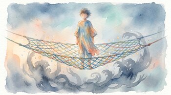 Ilustración acuarela de una figura joven de pie sobre una red suspendida en el aire, con hilos multicolores y destellos de luz, y sombras abstractas debajo.