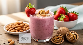 Un vaso de batido de fresa y frutos secos sobre una mesa de madera, con fresas frescas, almendras y nueces a su alrededor, y un cartel de 'Energy Boost'.