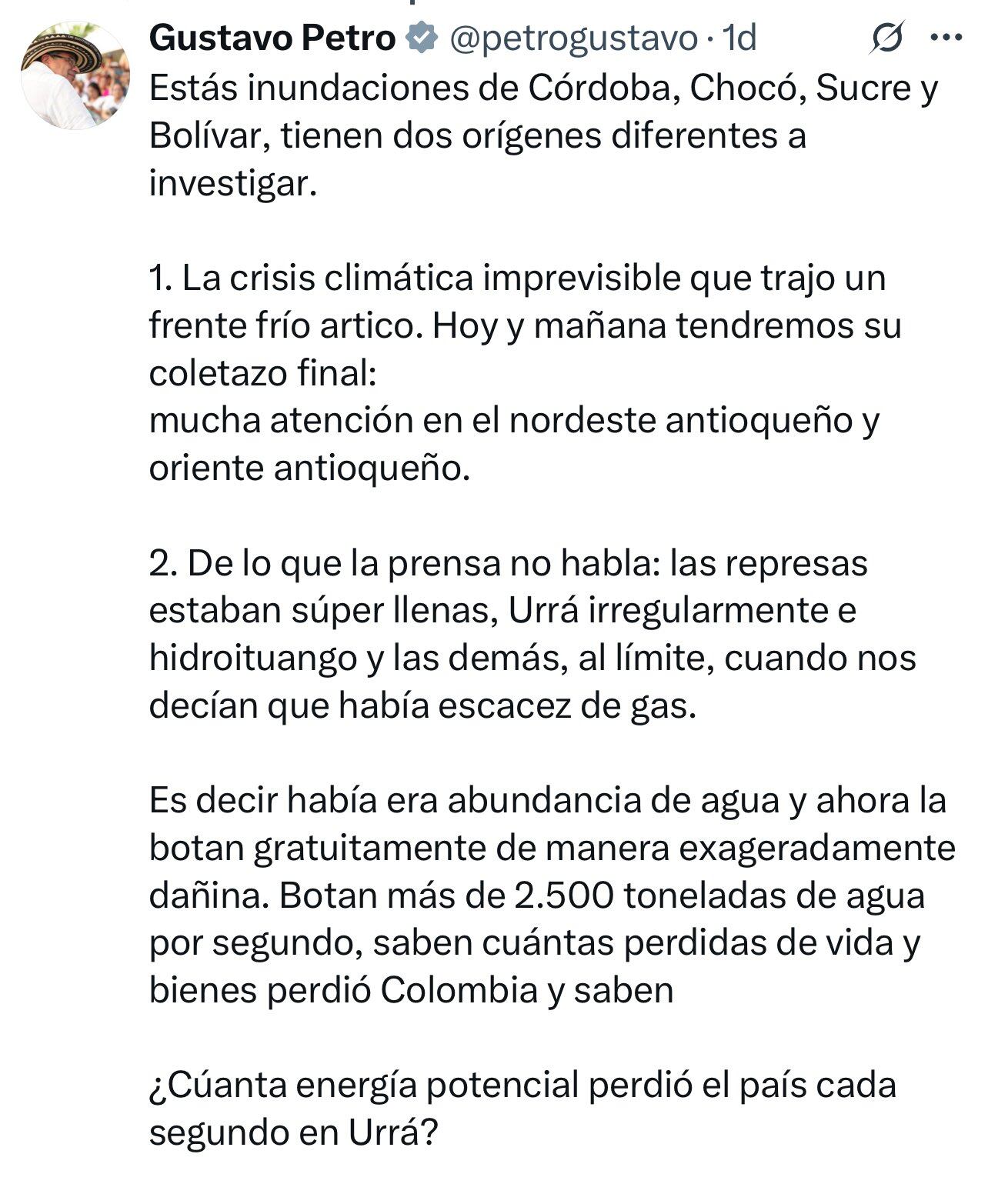 Gustavo Petro culpó a la hidroeléctrica Urrá por inundaciones en Córdoba - crédito @petrogustavo/X