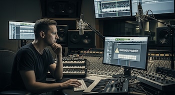 Hombre en estudio de grabación frente a computadora con advertencia "RAM INSUFFICIENT", rodeado de consola de mezcla, micrófonos, monitores de audio y teclados MIDI.