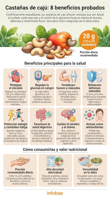 Infografía con título 'Castañas de cajú: 8 beneficios'. Muestra frutos secos, porción diaria, ocho iconos de beneficios y texto de consumo. Logo Infobae.