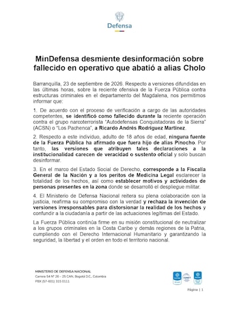 El Ministerio de Defensa desmintió las versiones según las cuales Ricardo Andrés Rodríguez Martínez, el joven de 18 años muerto durante una operación de la fuerza pública en Magdalena, habría sido confundido con un hijo de alias Pinocho - crédito Ministerio de Defensa