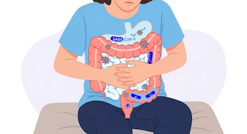 Ilustración plana de una persona sentada con expresión de incomodidad, sosteniendo el abdomen. Se observa el tracto digestivo estilizado con bacterias y el virus SARS-CoV-2.