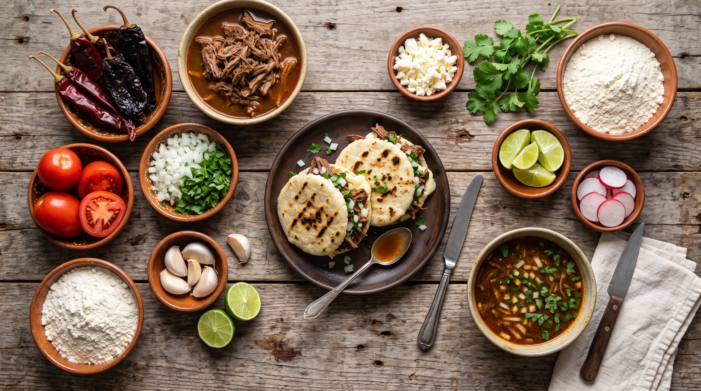 Diversos cuencos con chiles, carne deshebrada, verduras y harina de maíz rodean un plato con arepas rellenas de birria sobre una mesa de madera. (Imagen Ilustrativa Infobae)