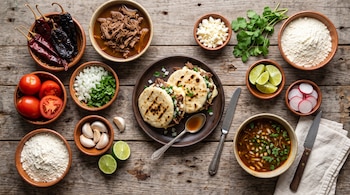 Vista superior de arepas rellenas en un plato, rodeadas por recipientes con chiles secos, carne, harina, limones, jitomates y cilantro.