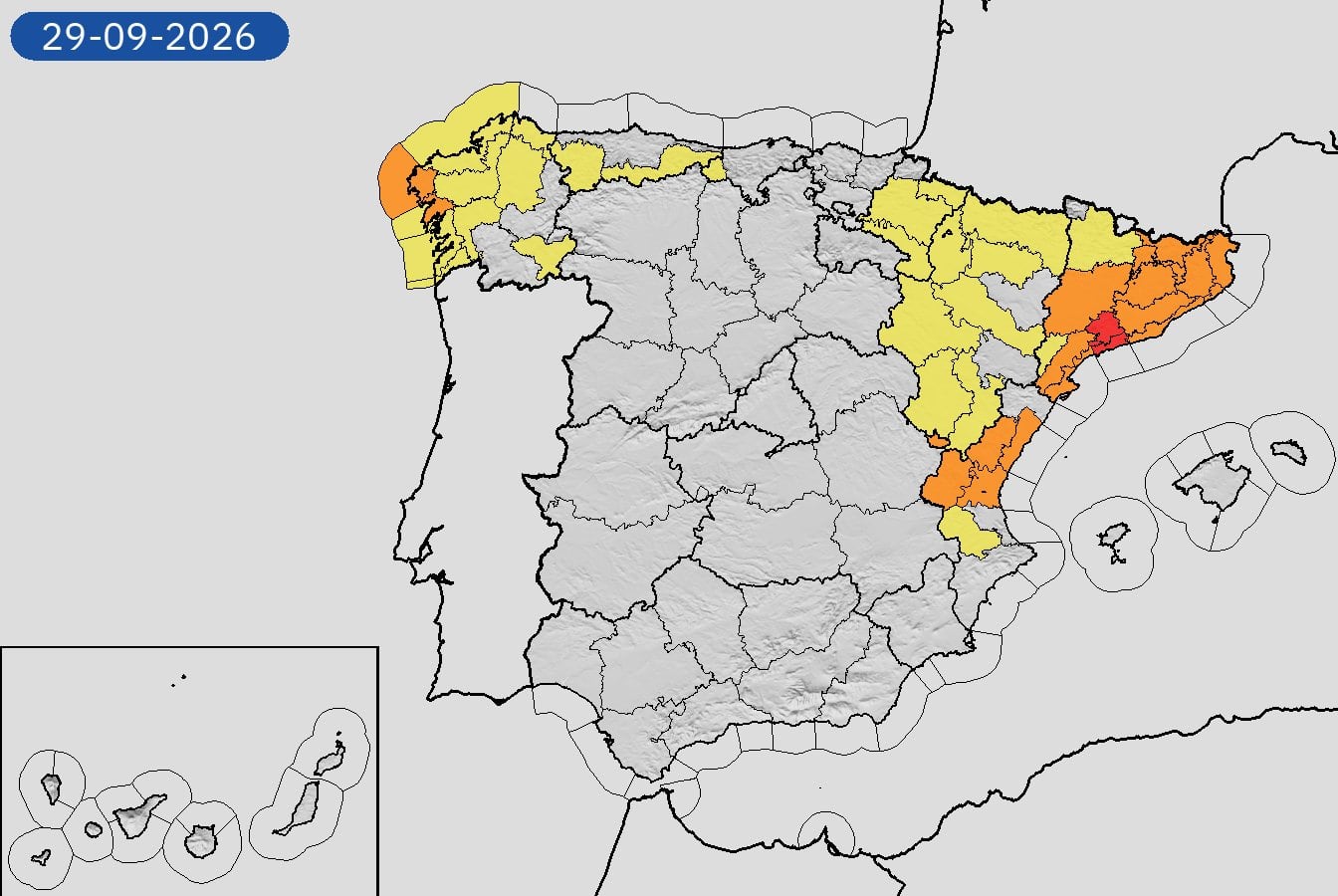 Mapa de alertas meteorológicas para este martes, 29 de septiembre de 2026. (Aemet)