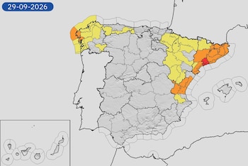 Mapa de alertas meteorológicas para este martes, 29 de septiembre de 2026. (Aemet)
