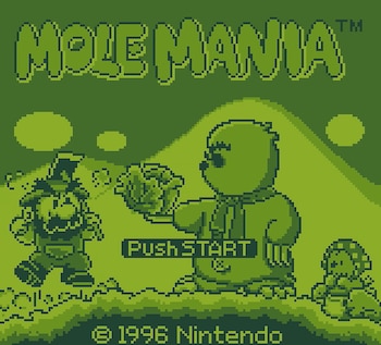 Pantalla pixelada en tonos verdes con el título Mole Mania, personajes ilustrados, el texto Push START y el aviso de Nintendo de 1996