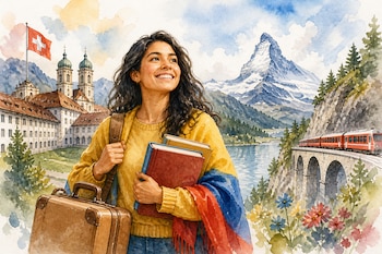 Ilustración en acuarela de una mujer con libros, una maleta y una bufanda tricolor frente a los Alpes suizos, un tren y una bandera de Suiza.