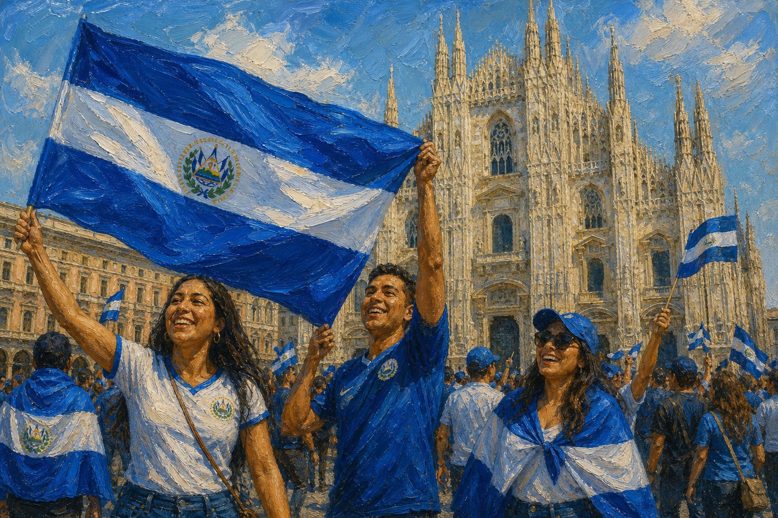 Un grupo de salvadoreños sostiene banderas nacionales durante una concentración frente a la catedral del Duomo en Milán. (Imagen Ilustrativa Infobae)
