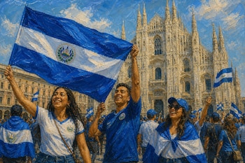 Pintura al óleo de personas con ropa azul y blanca que llevan banderas de El Salvador frente al Duomo de Milán.