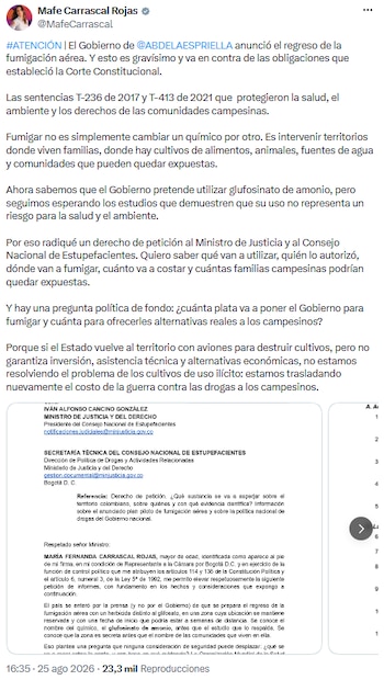 Mafe Carrascal rechaza regreso de la fumigación aérea y exige transparencia al actual gobierno - crédito @MafeCarrascal/X