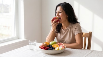 Mujer con cabello oscuro y camiseta beige muerde una manzana roja sentada frente a un plato de frutas variadas y un vaso de agua en una mesa.