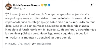 Heidy Sánchez denunció que Sumapaz lleva más de dos años sin atención del distrito en materia de cuidado - crédito Heidy Sánchez/X