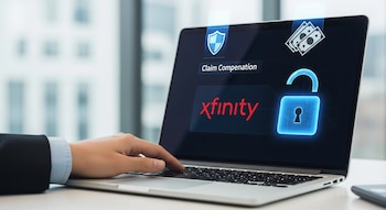 Mano sobre teclado de laptop. La pantalla muestra el logo de Xfinity, un candado azul abierto, un escudo y billetes digitales, con fondo de oficina desenfocado.