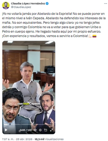 Claudia López descartó equiparar a Abelardo de la Espriella con Iván Cepeda - crédito @ClaudiaLopez/X