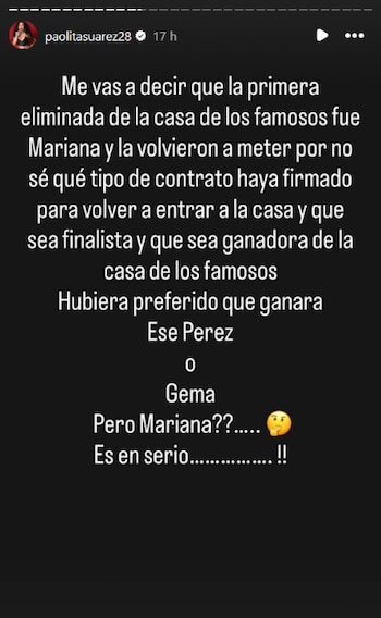 Paola Suárez compartió una publicación en la que cuestionó la victoria de Mariana Ochoa