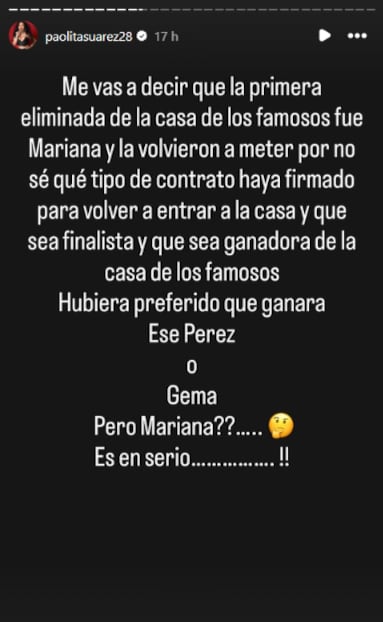 Paola Suárez compartió una publicación en la que cuestionó la victoria de Mariana Ochoa en La Casa de los Famosos México. (IG: paolitasuarez28)