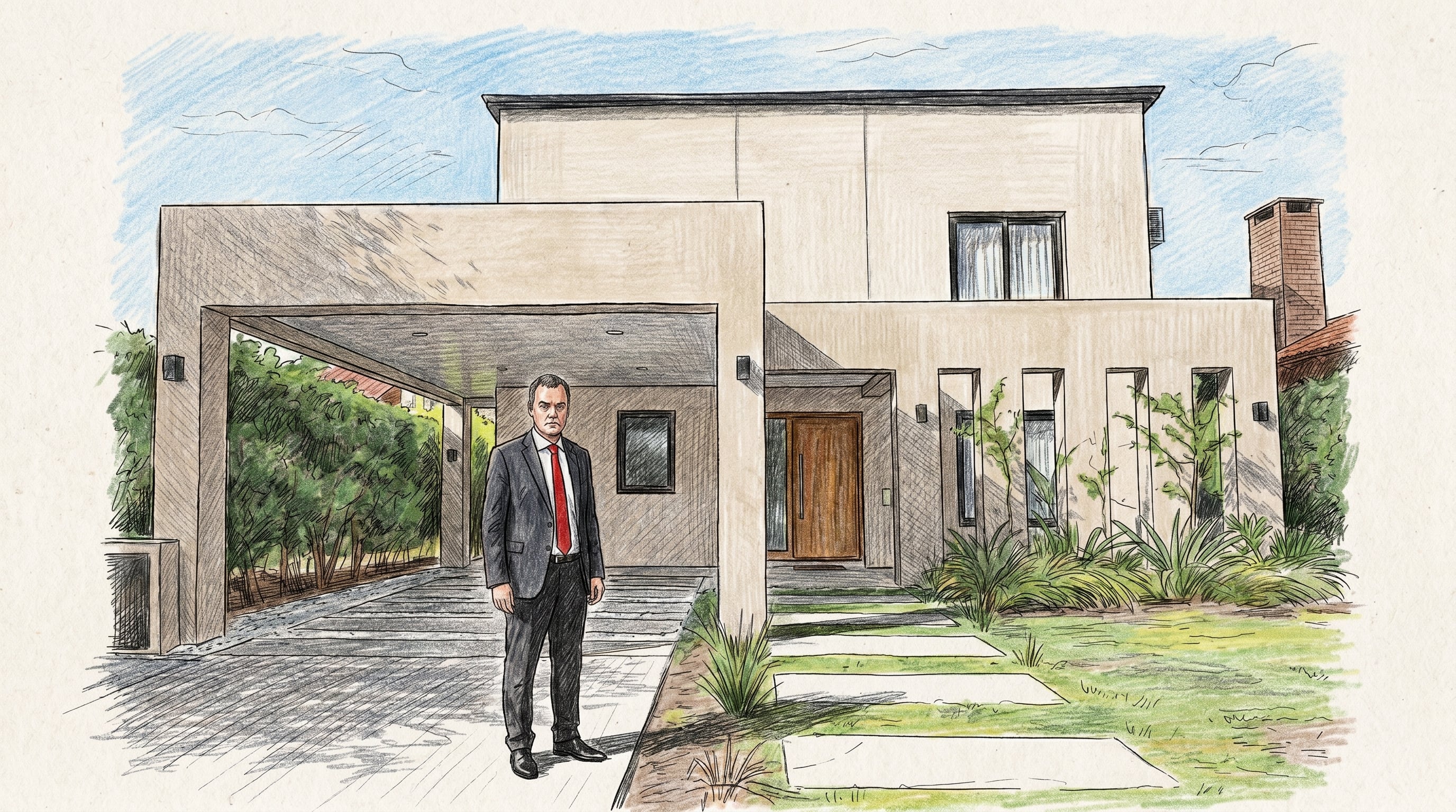 Ilustración digital de Manuel Adorni, con traje y corbata roja, posando frente a su casa del barrio privado Indio Cuá. (Imagen Ilustrativa Infobae)