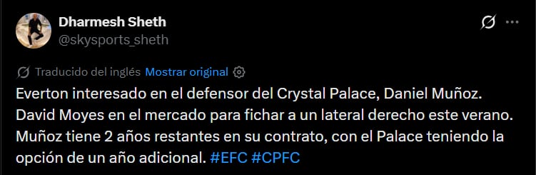 Daniel Muñoz ahora interesaría al Everton de Inglaterra, que no tiene un colombiano en sus filas desde Yerry Mina en 2023 - crédito @skysports_sheth/X