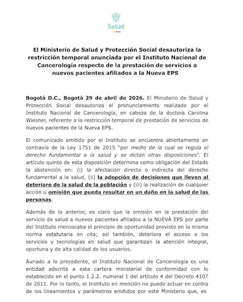El Gobierno advirtió que ninguna institución puede restringir el acceso a servicios de salud, especialmente en casos de alta complejidad como el cáncer, donde la continuidad del tratamiento es clave - crédito
MinSalud Colombia 🇨🇴
@MinSaludCol/X