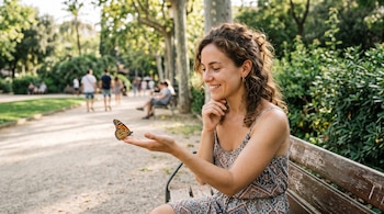 Una mujer de cabello rizado sentada en un banco de madera tiene una mariposa monarca sobre su mano abierta en un parque.