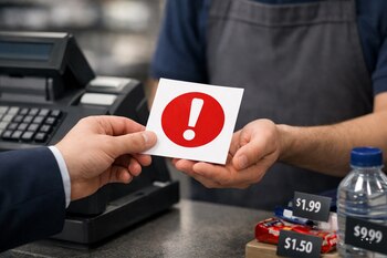 Primer plano de una mano con traje entregando un papel blanco con un círculo rojo y un signo de exclamación a la mano de un comerciante en el mostrador de una tienda.