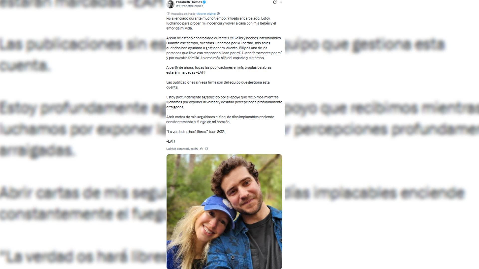 Un mensaje atribuido a Elizabeth Holmes en redes sociales aborda su condena en prisión y defiende su inocencia. (@ElizabethHolmes)