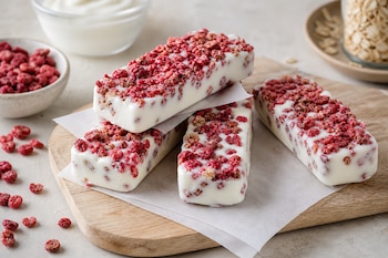 Cuatro barras de yogur blanco cubiertas con trozos de frutas rojas sobre una tabla de madera junto a cuencos con yogur y cereales.