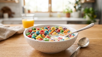 Un tazón de cereal de aros de colores con leche, una cuchara al lado y un vaso con jugo de naranja sobre una mesa de madera.