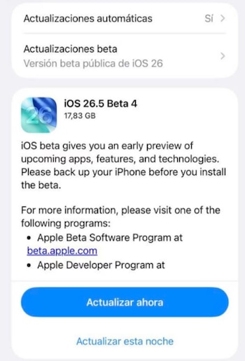 Apple lanza una nueva actualización para iOS 26.5 beta 4.