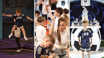 Un niño con camiseta de la selección argentina salta en un trampolín, una mujer con niños en una fiesta, y el niño posa frente a un pastel de fútbol.