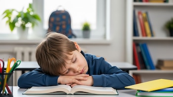 Niño de 6 años con cabello castaño claro duerme con la cabeza sobre sus brazos, apoyados en un libro abierto sobre una mesa escolar. Hay útiles y estantes al fondo.
