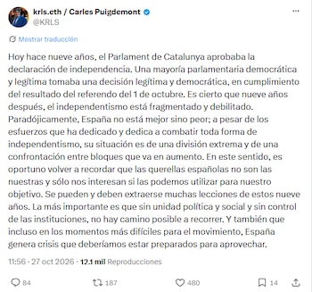 Puigdemont pide estar “preparados” para aprovechar las “crisis” de España (X)