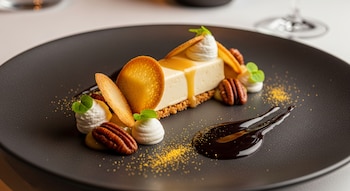 Postre de cajeta gourmet rectangular con salsa de caramelo, adornado con galletas crujientes, nueces pecanas, crema batida y hojas verdes sobre un plato negro.