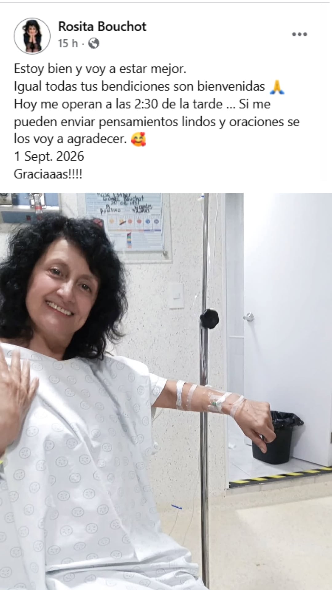 La actriz Rosita Bouchot comparte un mensaje desde el hospital para comunicar a sus seguidores sobre su estado de salud e intervención médica. (Facebook: Rosita Bouchot)