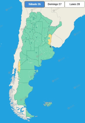 Mapa de Argentina con sectores en verde y amarillo, y tres pestañas superiores que indican Sábado 26, Domingo 27 y Lunes 28