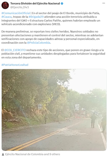 Ataque con vehículo explosivo dejó tres civiles heridos cerca del peaje de El Bordo - crédito @Ejercito_Div3/X