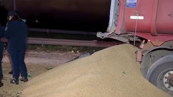 Un camión con granos derramados en la calzada durante la noche junto a personal policial