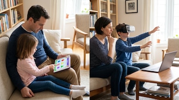 Un collage muestra dos escenas familiares: un padre y su hija usando una tableta, y una madre observando a su hijo con gafas de realidad virtual.