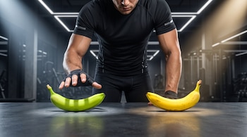Un hombre con ropa deportiva negra apoya las manos sobre una mesa frente a una banana verde y otra amarilla en un gimnasio.