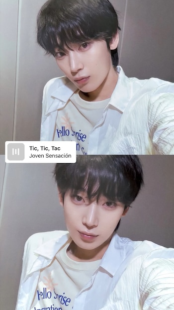 Dos fotografías en primer plano de Sunoo de ENHYPEN. Muestra un reproductor de música con "Tic, Tic, Tac" y "Joven Sensación"