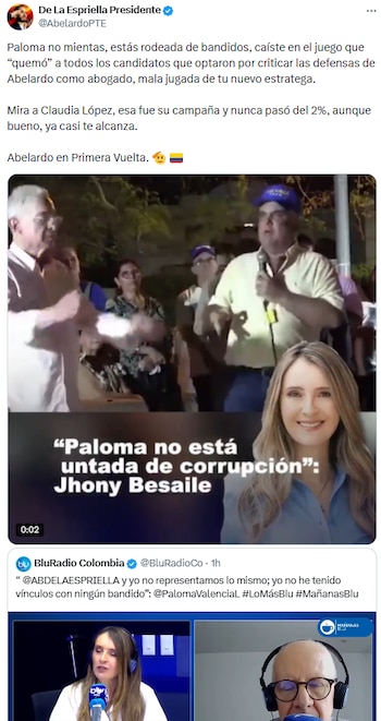 Seguidores de De la Espriella arremetieron contra Paloma Valencia tras críticas de la senadora contra el abogado - crédito @AbelardoPTE/X