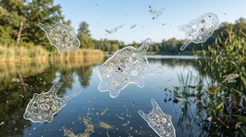 Microorganismos unicelulares translúcidos suspendidos en primer plano frente a un lago con orillas cubiertas de vegetación verde.