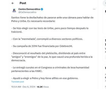 Centro Democrático arremetió en contra de Juan Manuel Santos debido a sus recientes declaraciones - crédito @CeDemocratico