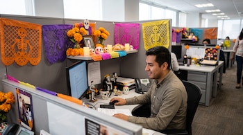 Un hombre frente a una computadora en un cubículo con papel picado, figuras de calaveras, flores de cempasúchil y fotografías.